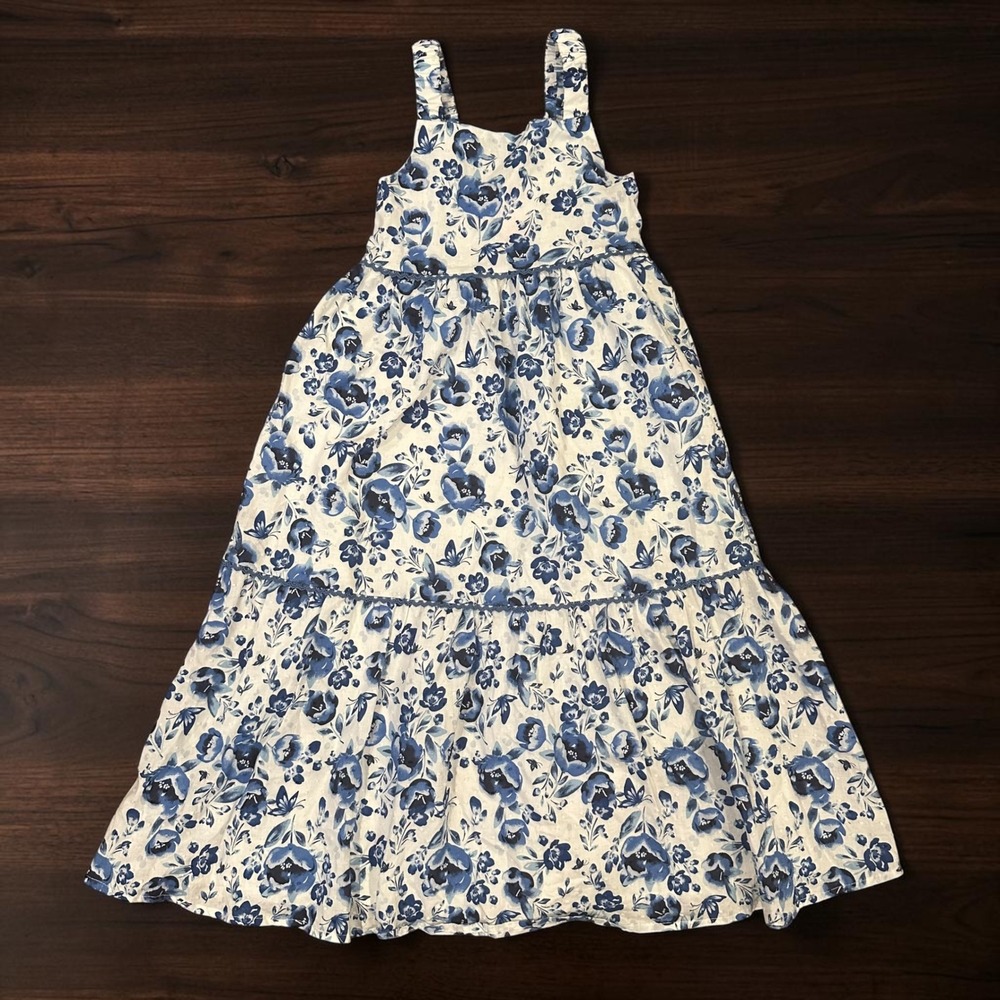 Isaac Mizrahi Girls Blue Floral Swiss Dot Tiered Maxi Dress Size 7 Smocked Back